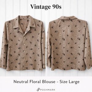 Vintage 90s Cream & Brown Floral Blouse Sparkly Buttons Size Large